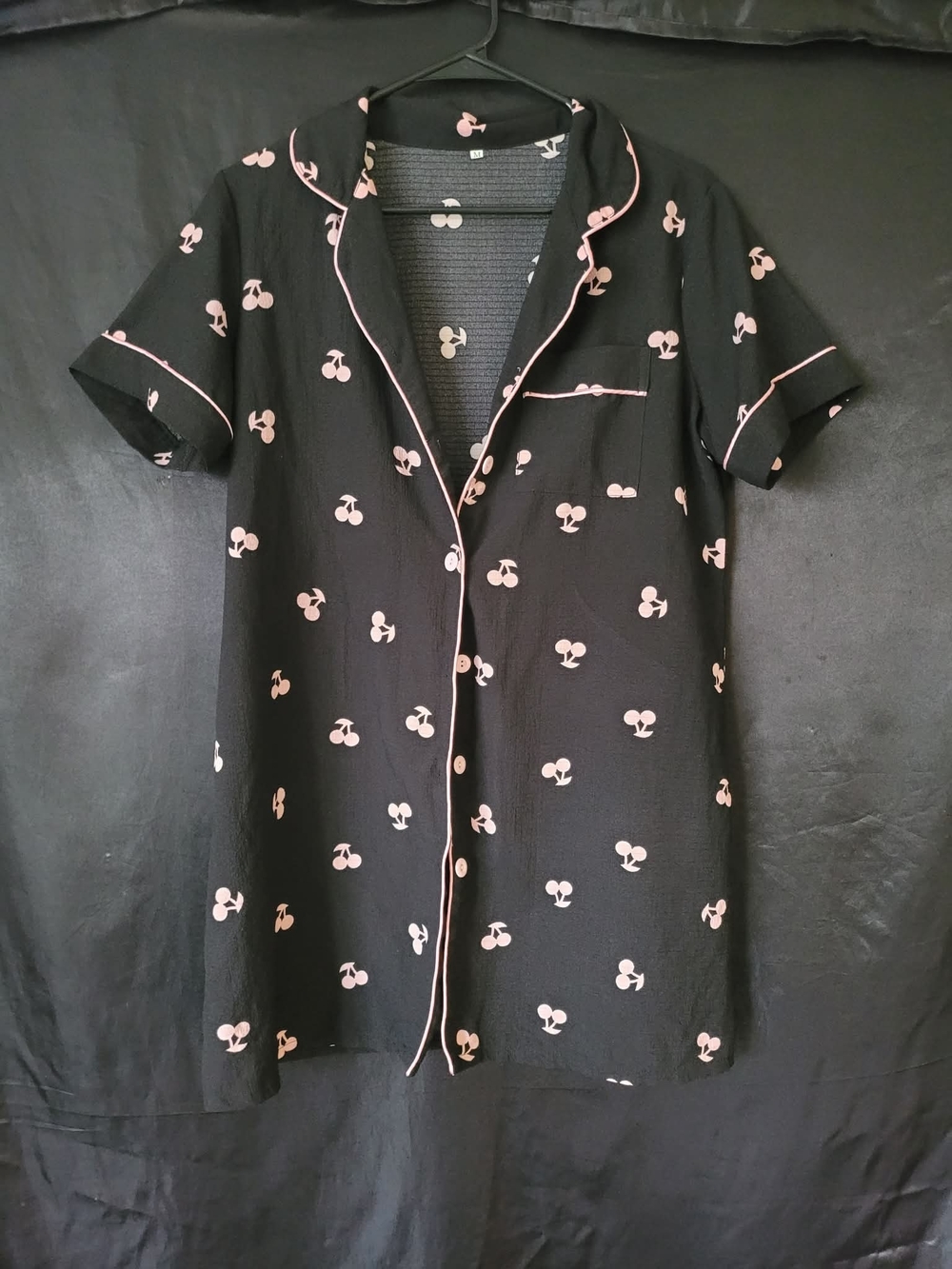 Black Short-Sleeve Cherry-Print Pajama Shirt with Pink Piping